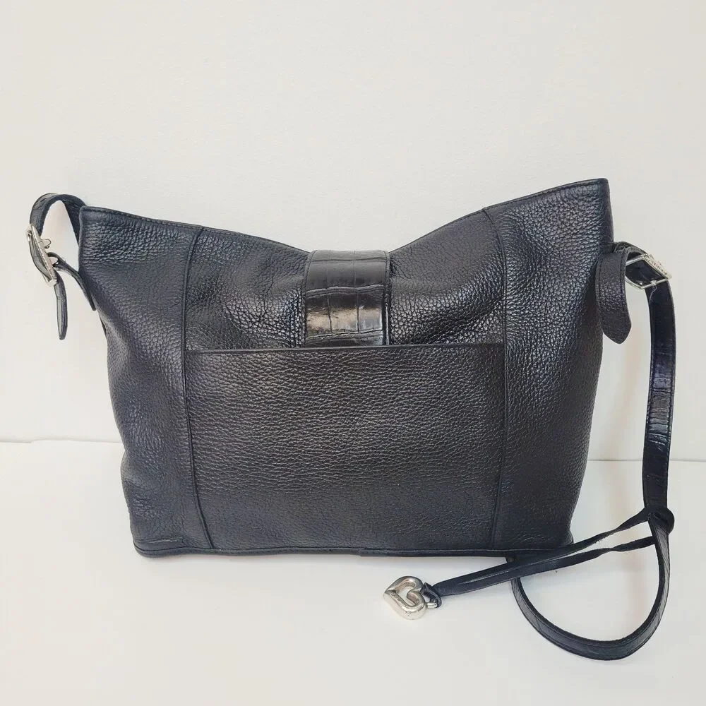 Brighton Black Pebbled Leather Shoulder Bag Croc Embossed Trim Silver Heart...